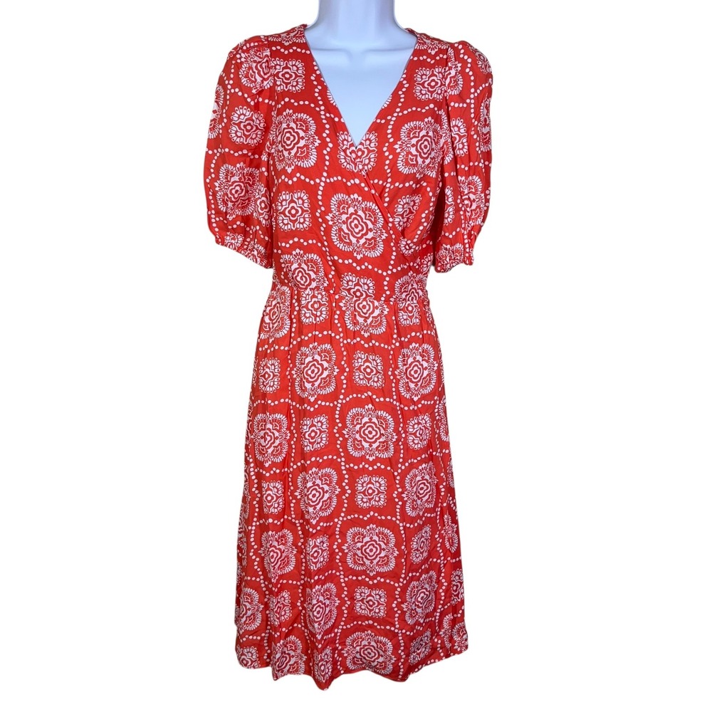Ann Taylor Orange Coral Medallion Puff Sleeve Wrap Midi Dress Boho Small NWT